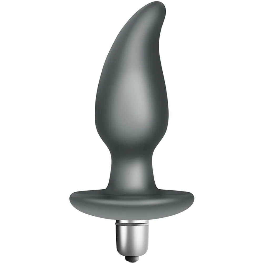 Plug anal gris en silicone avec pointe incurvée, base circulaire évasée et moteur vibrant amovible en métal argenté, sur fond blanc