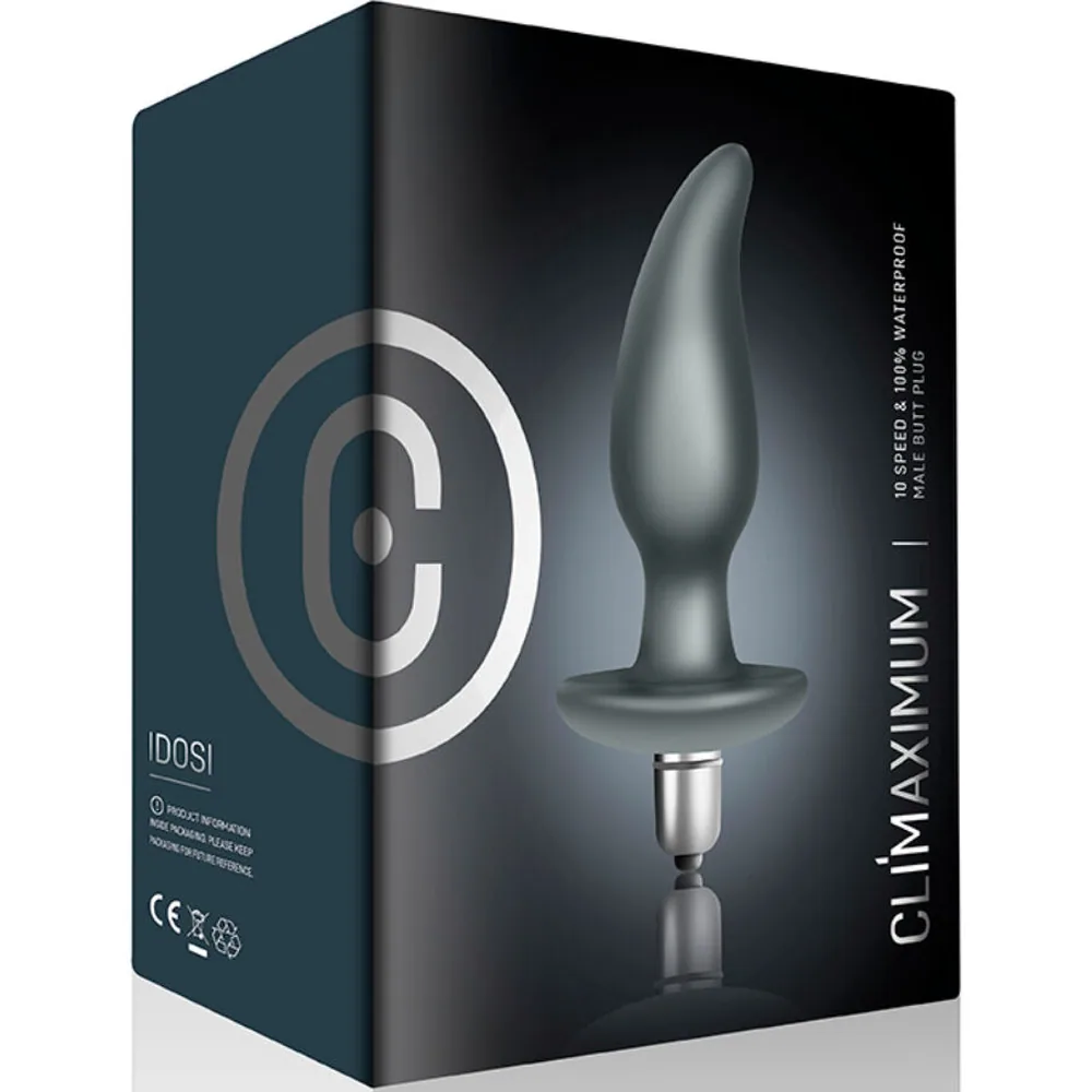 Plug anal gris en silicone avec pointe incurvée, base circulaire évasée et moteur vibrant amovible en métal argenté, sur fond blanc