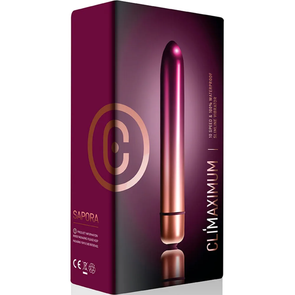 Vibrateur bullet allongé en métal dégradé rose et cuivre, corps lisse à bout arrondi, base noire, sur fond blanc