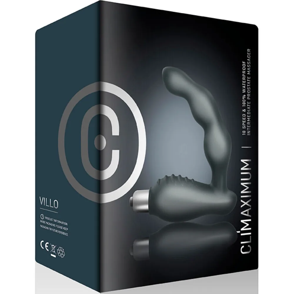Emballage bleu pétrole et noir du stimulateur de prostate Villo affichant la balle de stimulation périnéale et la tête étagée en silicone gris, avec logo circulaire et texte en blanc