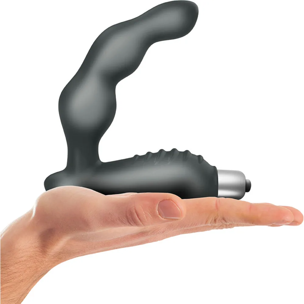 Emballage bleu pétrole et noir du stimulateur de prostate Villo affichant la balle de stimulation périnéale et la tête étagée en silicone gris, avec logo circulaire et texte en blanc