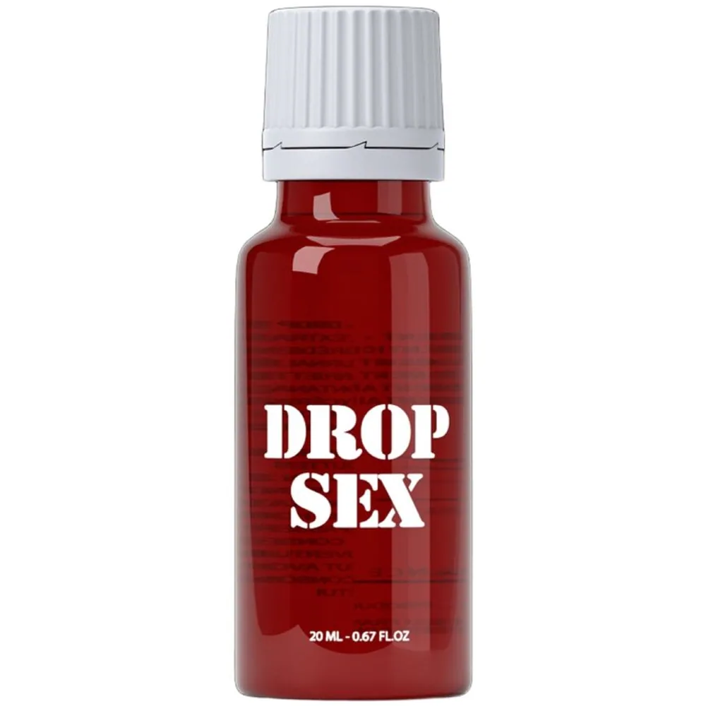 Flacon de 20 ml de liquide rouge foncé avec bouchon blanc à vis, étiquette blanche avec texte « DROP SEX » et indication « 20 ML - 0.67 FLOZ »