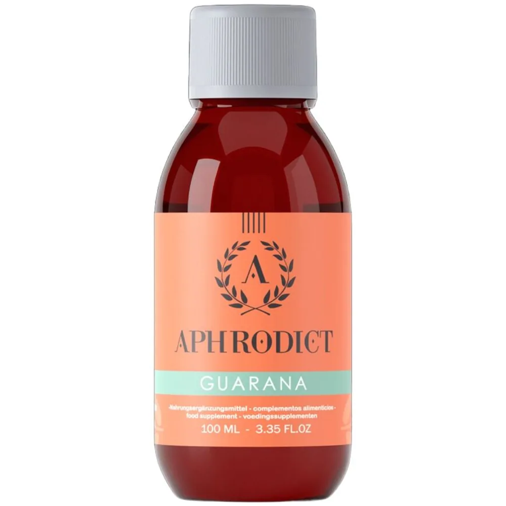 Flacon de 100 ml de complément alimentaire Aphrodict Guarana, liquide rouge foncé avec bouchon blanc et étiquette pêche