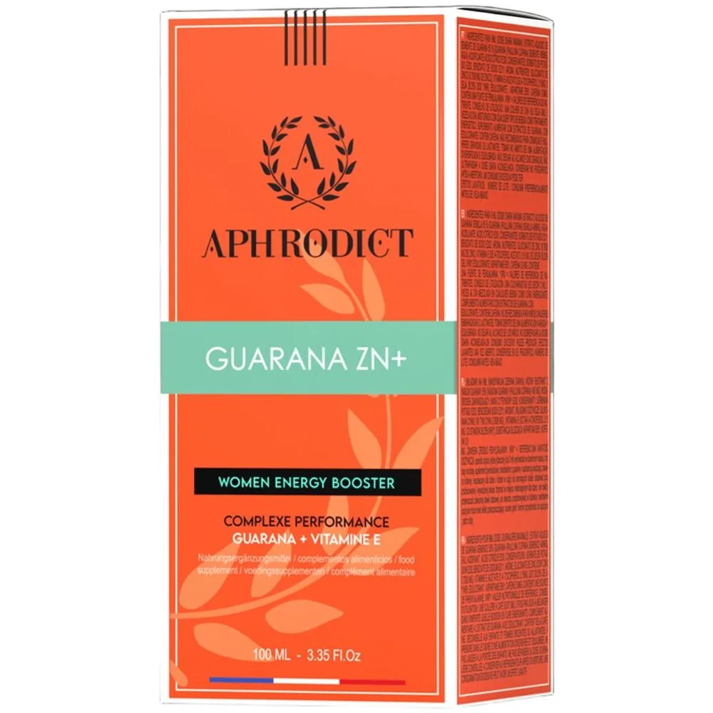 Flacon de 100 ml de complément alimentaire Aphrodict Guarana, liquide rouge foncé avec bouchon blanc et étiquette pêche