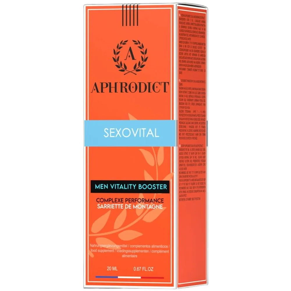 Flacon de 20 ml de complément alimentaire Sexovital Aphrodict, liquide rouge foncé, étiquette orange avec logo couronne de laurier, bouchon blanc strié
