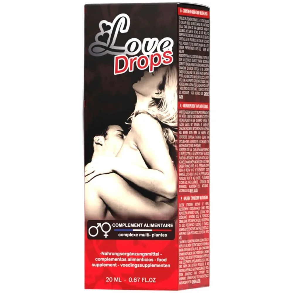 Flacon de 20 ml de gouttes d'amour avec bouchon compte-gouttes blanc, liquide rouge foncé visible à travers le verre, étiquette rouge et noire avec logo Love Drops
