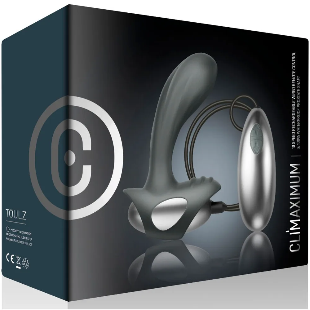 Stimulateur de prostate gris en silicone avec base évasée, connecté à une télécommande filaire ovale argentée pourvue de touches de contrôle