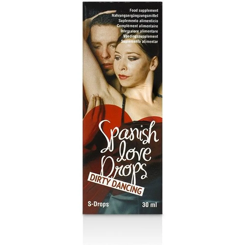 Emballage du flacon Amour Espagnol Dirty Dancing 30 ml, boîte noire avec photo de deux personnes enlacées, étiquette blanche et rouge