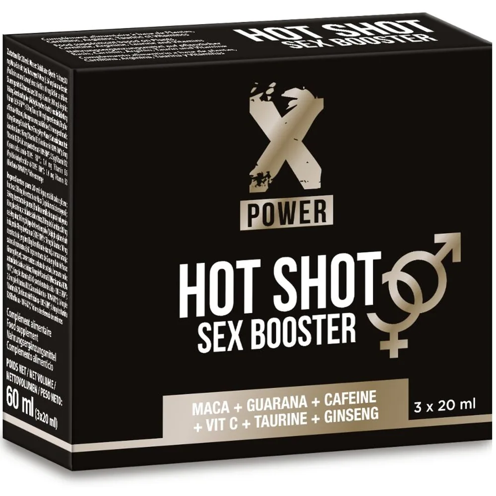 Emballage noir du complément alimentaire Hot Shot Sex Booster, présentant trois flacons de 20 ml, avec symboles masculin et féminin, liste d'ingrédients et texte blanc