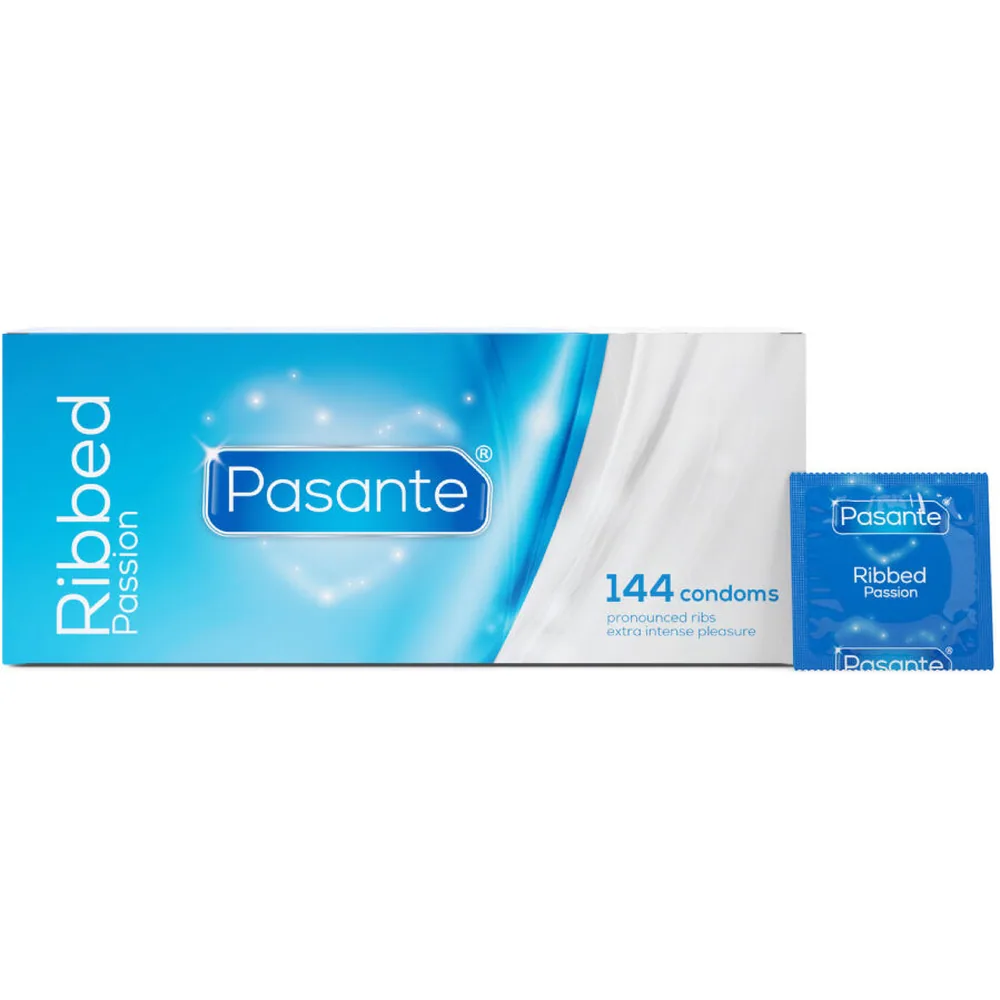 Boîte de 144 préservatifs Pasante Ribbed Passion à nervures marquées, fond bleu et blanc avec un sachet individuel visible