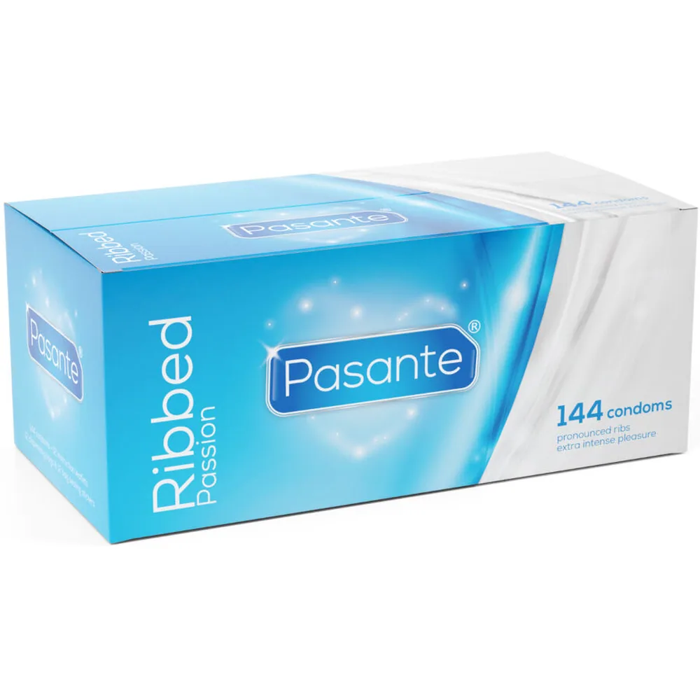 Boîte de 144 préservatifs Pasante Ribbed Passion à nervures marquées, fond bleu et blanc avec un sachet individuel visible