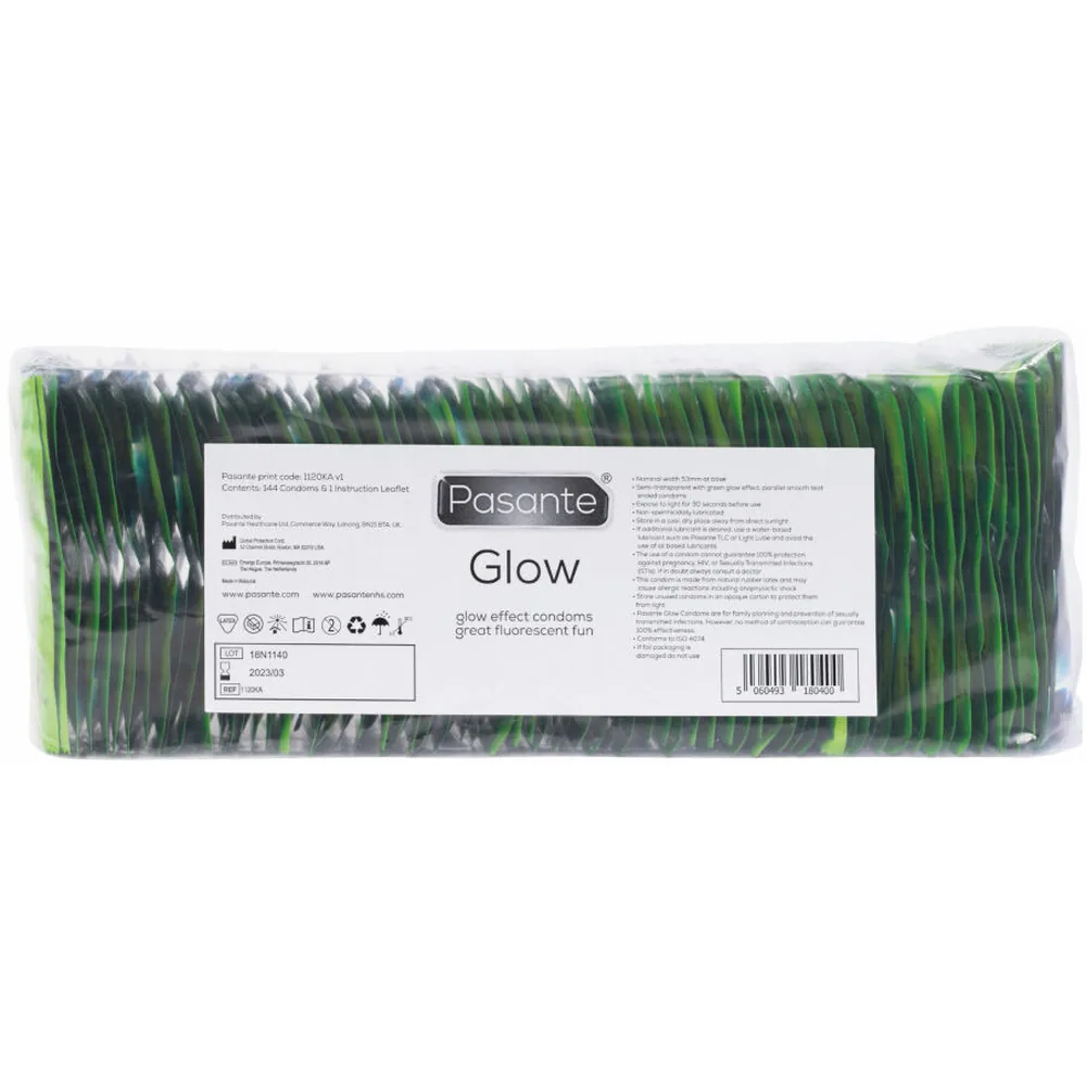 Boîte de 144 préservatifs Pasante Glow en latex transparent avec effet luminescent vert, sur fond blanc