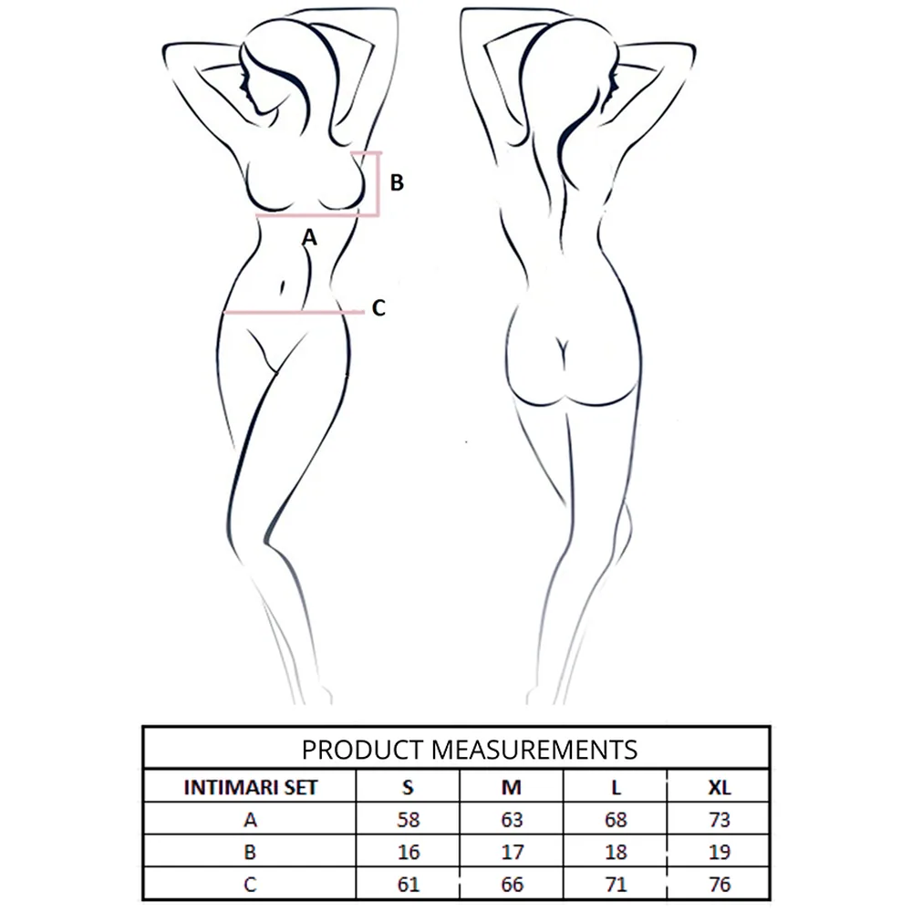 Schéma de dimensions de l'ensemble Intimari montrant les mesures du soutien-gorge ouvert, de la taille et de la culotte pour les tailles S, M, L et XL
