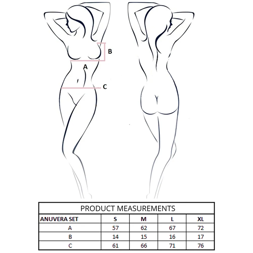 Schéma de dimensions pour ensemble soutien-gorge et string, montrant les points de mesure A (tour de poitrine), B (profondeur bonnet) et C (tour de taille) avec tableau des tailles S à XL