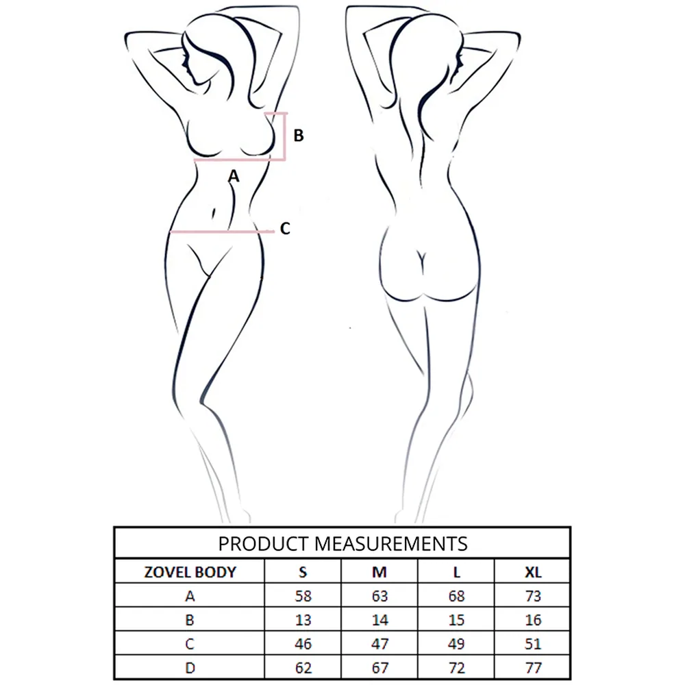 Schéma de dimensions d'un body avec vue de face et de dos, montrant les zones de mesure A, B, C et D, accompagné d'un tableau des tailles S à XL