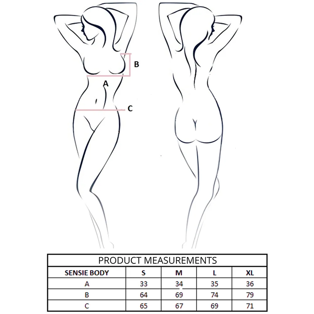 Schéma de dimensions du body Sensie avec vue de face et de dos, indiquant les zones de mesure A, B et C, accompagné d'un tableau de tailles XS à XL