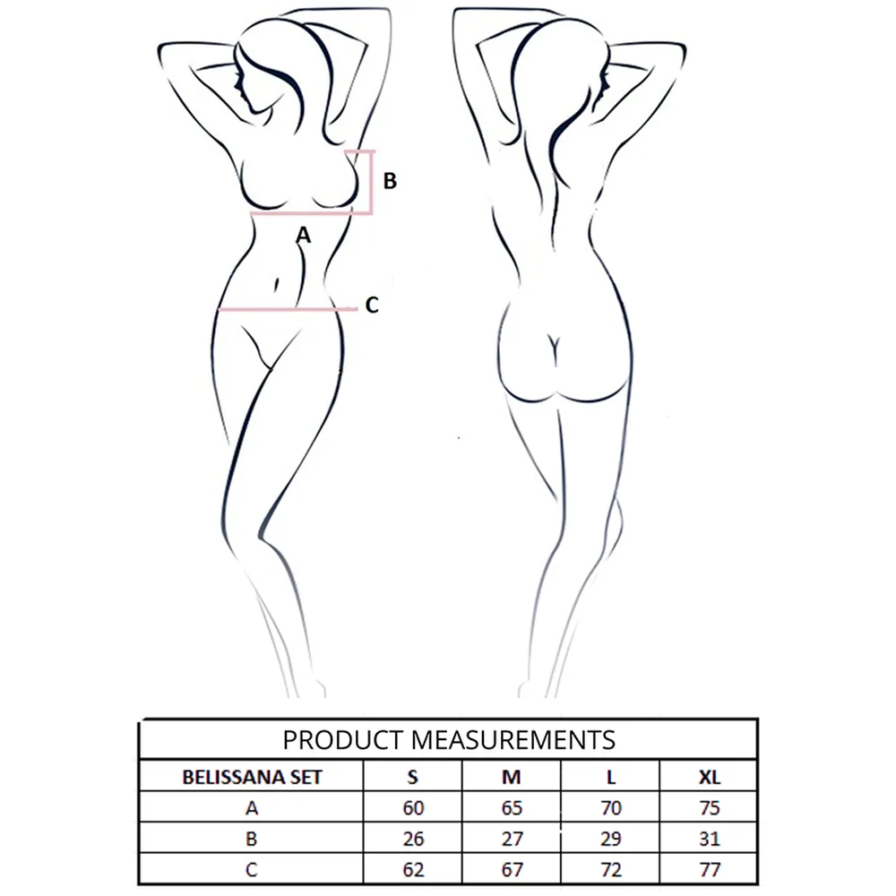 Schéma de silhouettes féminines de face et de dos montrant les zones de mesure A (poitrine), B (tour de poitrine) et C (taille), avec tableau de dimensions pour l'ensemble soutien-gorge string Belissana