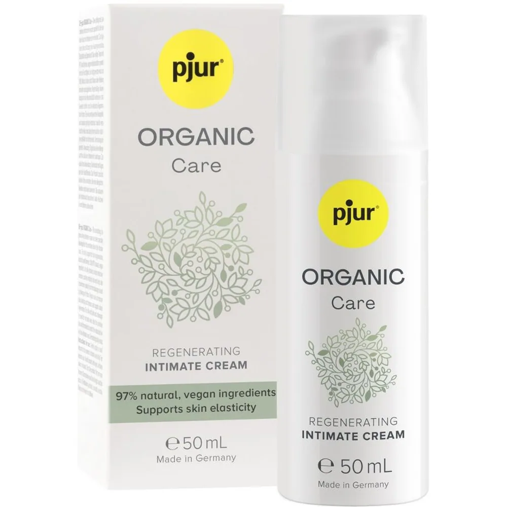 Emballage et flacon airless blanc de crème intime régénérante pjur Organic Care 50 ml, avec logo jaune et motifs botaniques, indication 97% ingrédients naturels et végan