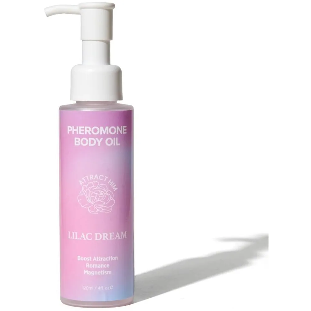 Flacon de 120 ml de huile corporelle aux phéromones rose bonbon, pompe blanche, étiquette « Pheromone Body Oil Lilac Dream » sur fond blanc