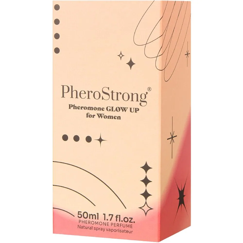 Boîte de parfum aux phéromones PheroStrong Pheromone Glow Up for Women, flacon de 50 ml, emballage beige et rose avec motifs géométriques et illustration de main