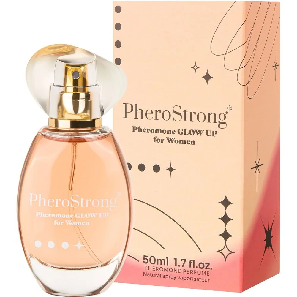 Boîte de parfum aux phéromones PheroStrong Pheromone Glow Up for Women, flacon de 50 ml, emballage beige et rose avec motifs géométriques et illustration de main