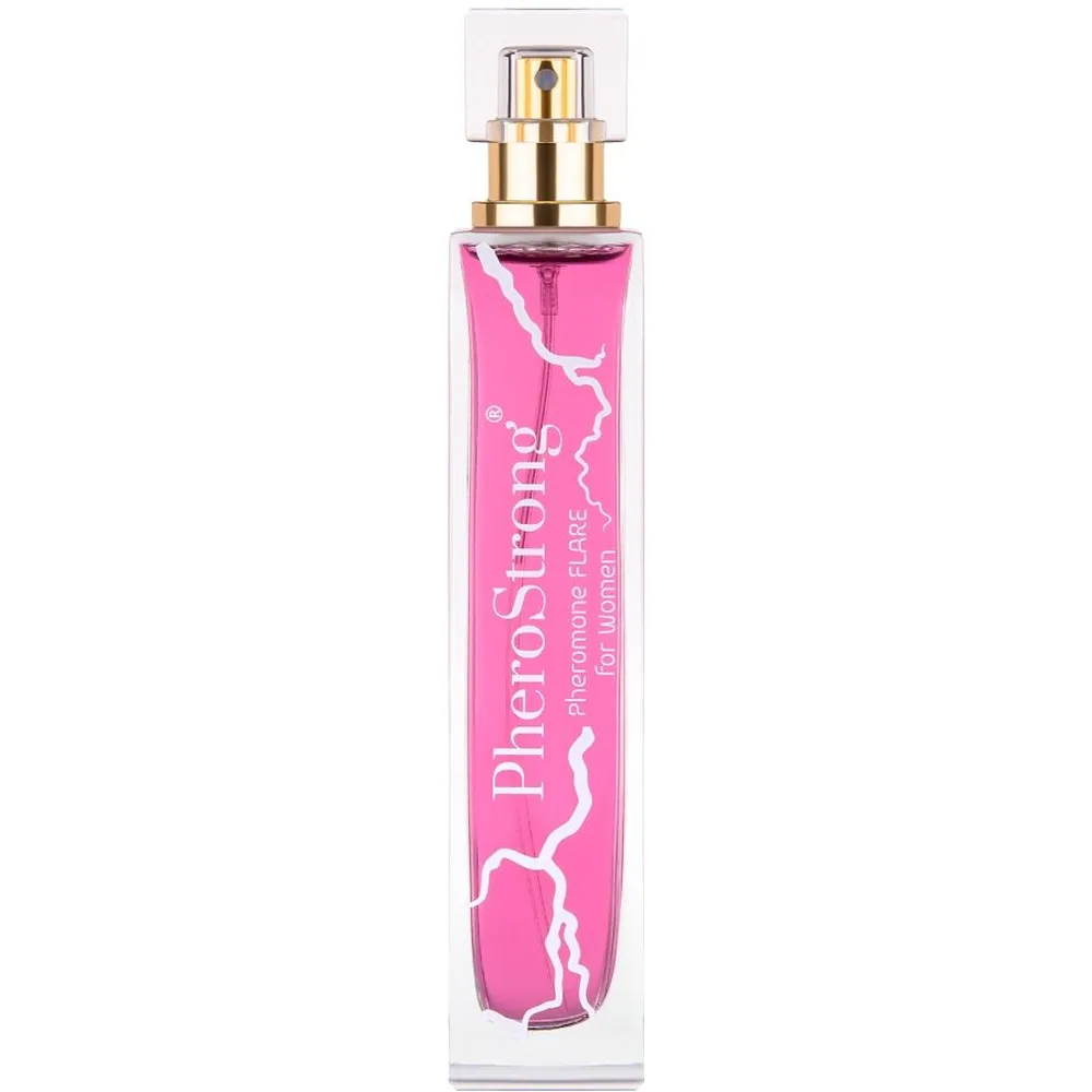 Flacon de parfum aux phéromones Flare de forme rectangulaire, rempli d'un liquide rose vif, avec bouchon vaporisateur doré et étiquette rose avec motifs blancs