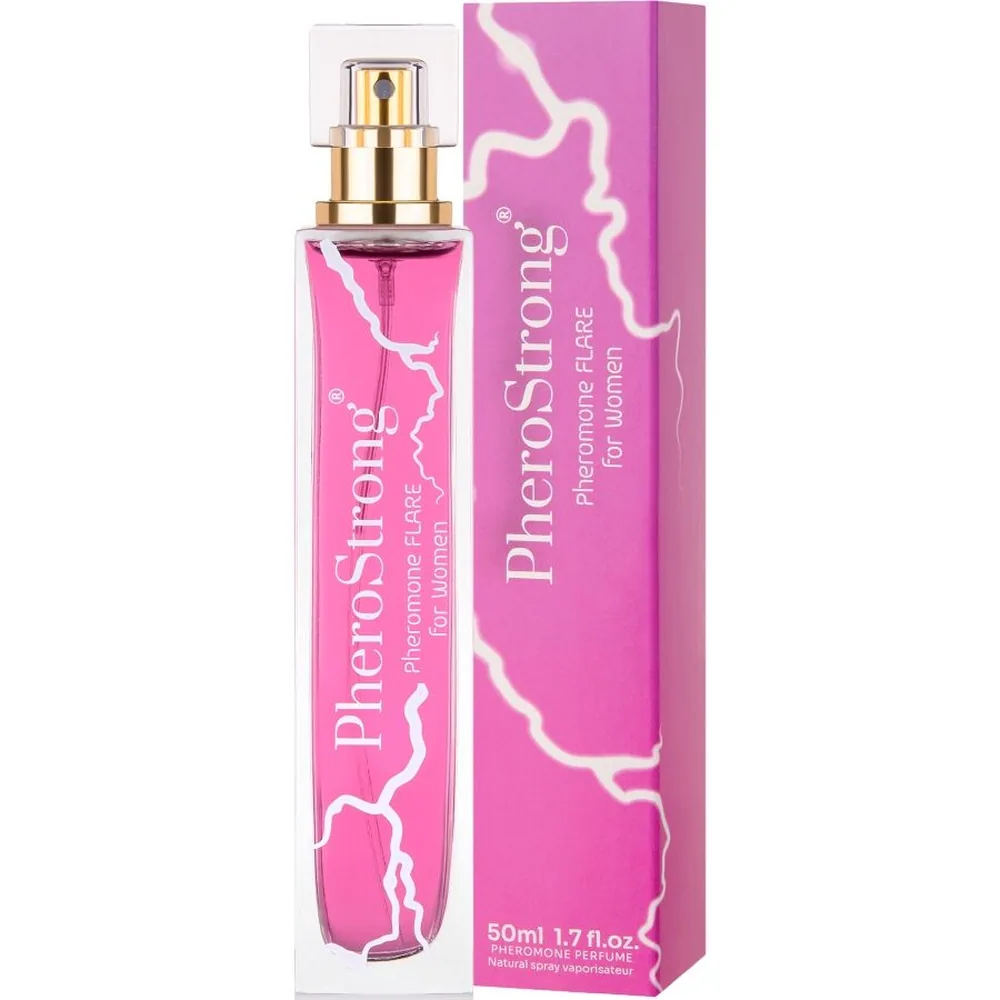 Flacon de parfum aux phéromones Flare de forme rectangulaire, rempli d'un liquide rose vif, avec bouchon vaporisateur doré et étiquette rose avec motifs blancs