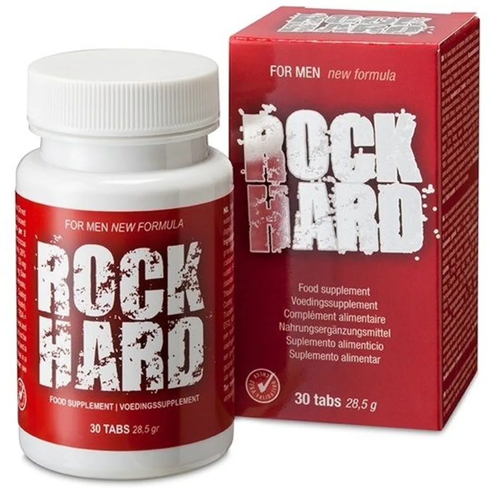 Boîte rouge et flacon blanc de complément alimentaire Rock Hard, 30 comprimés, emballage présenté de face