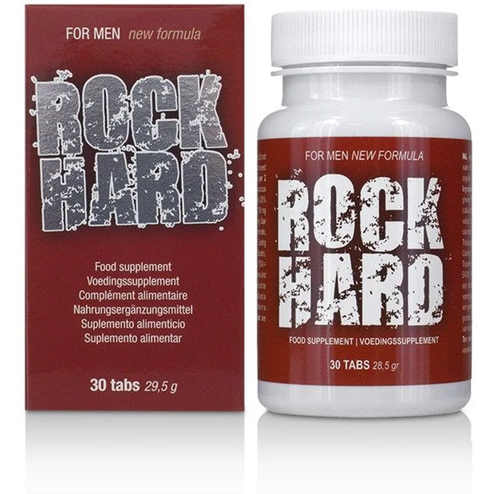 Boîte rouge et flacon blanc de complément alimentaire Rock Hard, 30 comprimés, emballage présenté de face