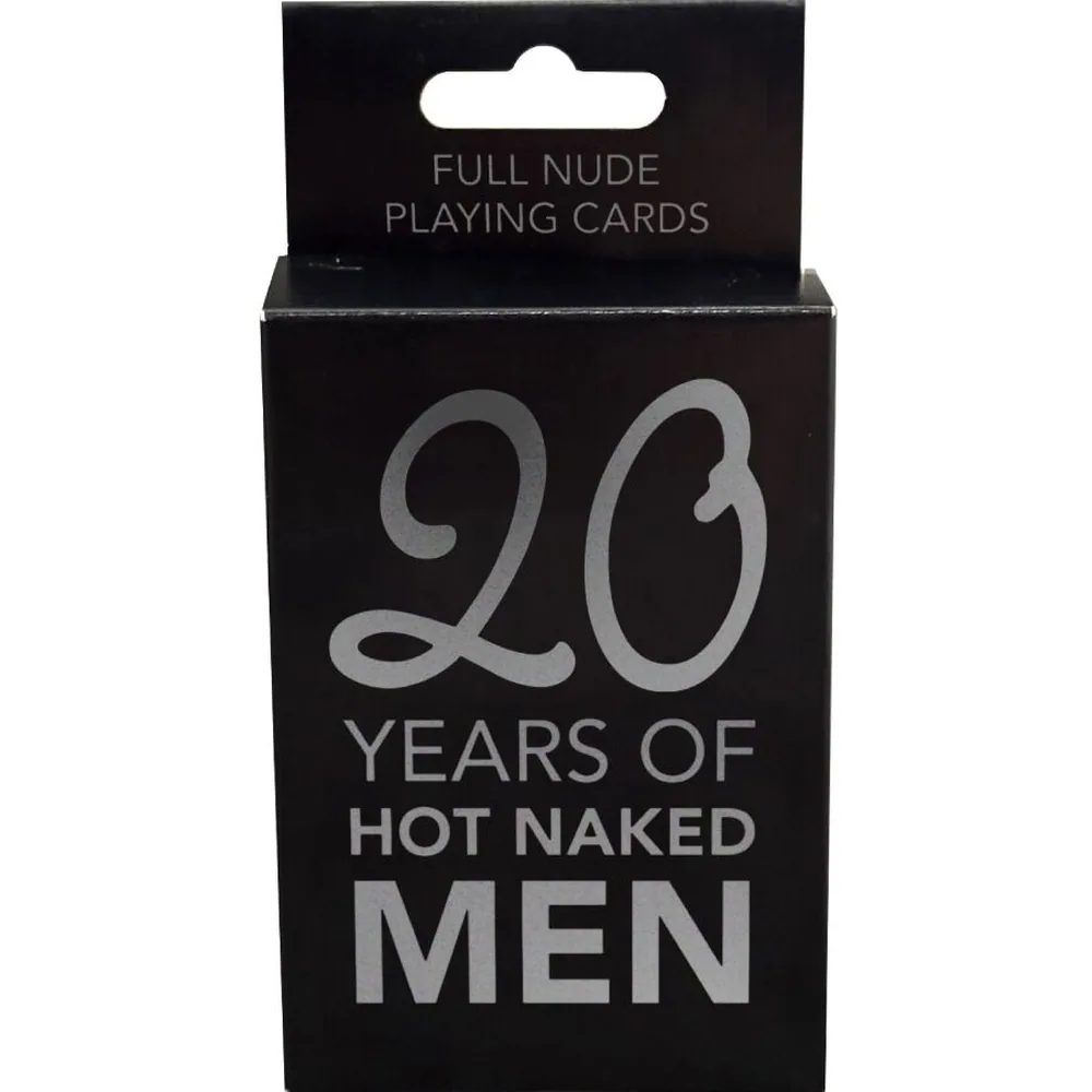 Emballage noir et cartes à jouer du jeu « 20 Years of Hot Naked Men », montrant des photos d'hommes nus en diverses poses sur les cartes