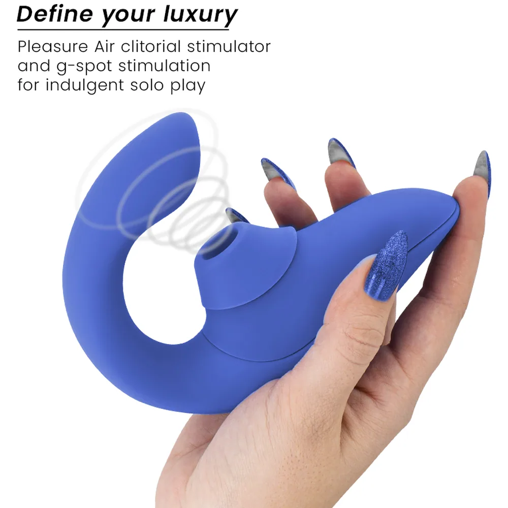 Vibromasseur bleu en silicone avec deux branches courbes et télécommande ovale, vue des trois angles montrant les commandes tactiles et l'embout de stimulation