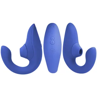 Womanizer Blend bleu vif sous trois angles, boutons et embout Pleasure Air