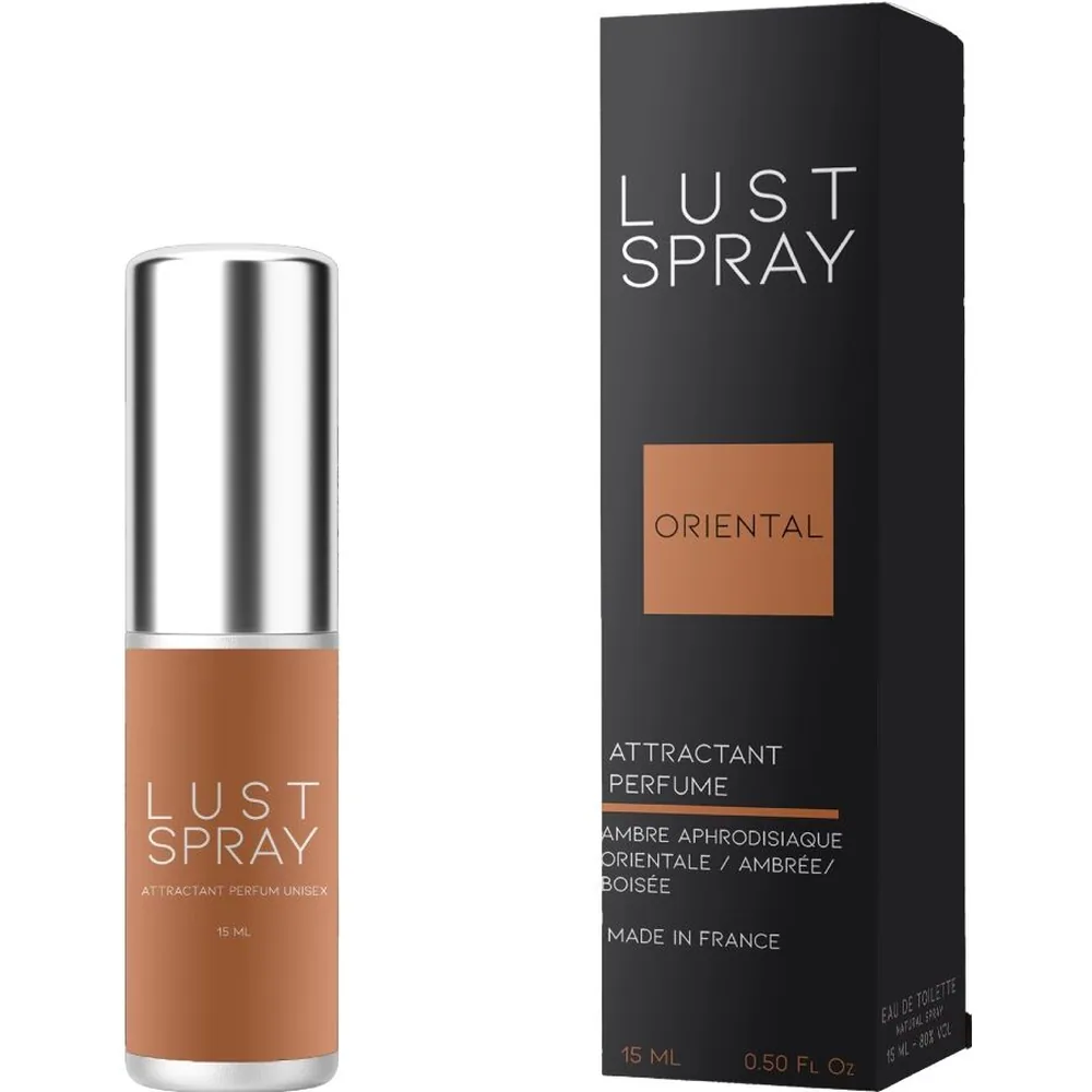 Flacon vaporisateur de parfum Lust Spray Oriental 15 ml à bouchon argenté, sur emballage noir avec étiquette ocre, made in France