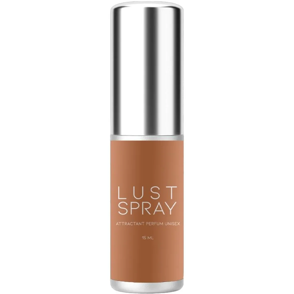 Flacon vaporisateur de parfum Lust Spray Oriental 15 ml à bouchon argenté, sur emballage noir avec étiquette ocre, made in France