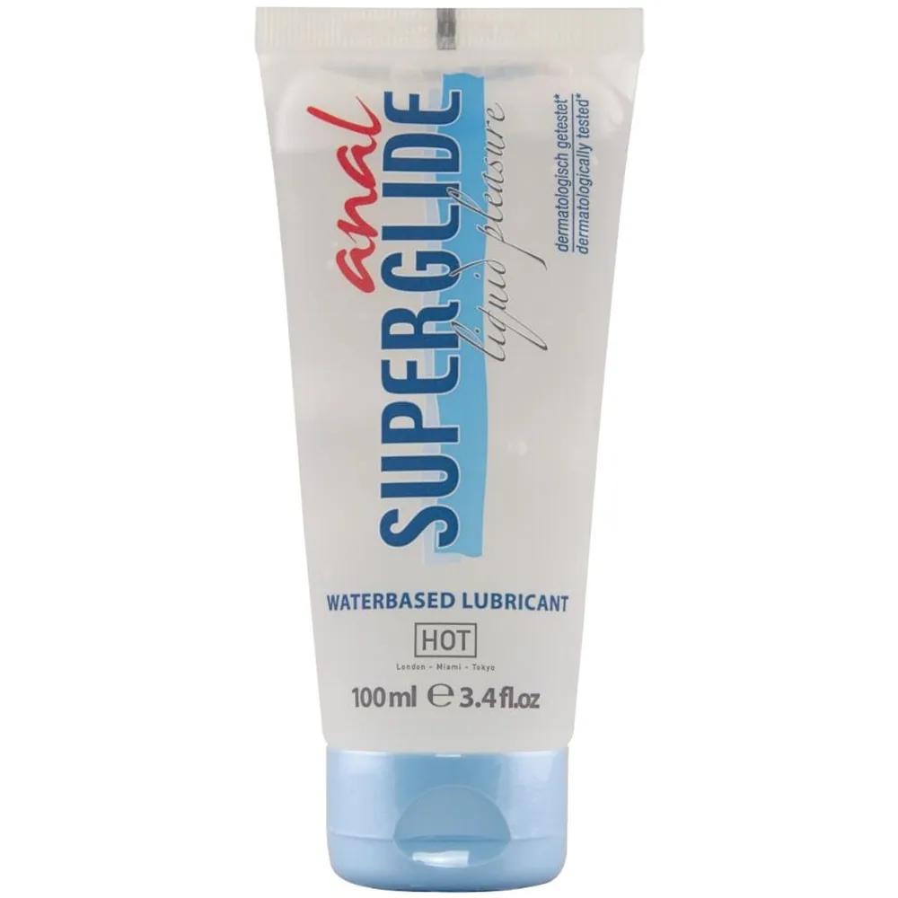 Tube blanc de lubrifiant anal Superglide à base d'eau, 100 ml, avec bouchon bleu translucide et étiquette détaillant la composition