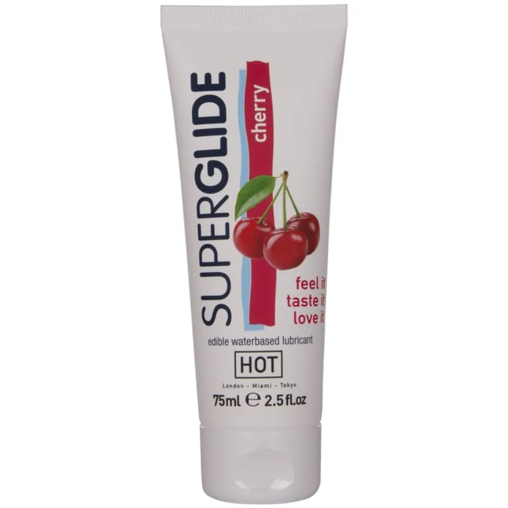 Tube blanc de lubrifiant comestible Superglide saveur cerise, 75ml, avec étiquette illustrant des cerises rouges et bande rouge, de la marque HOT