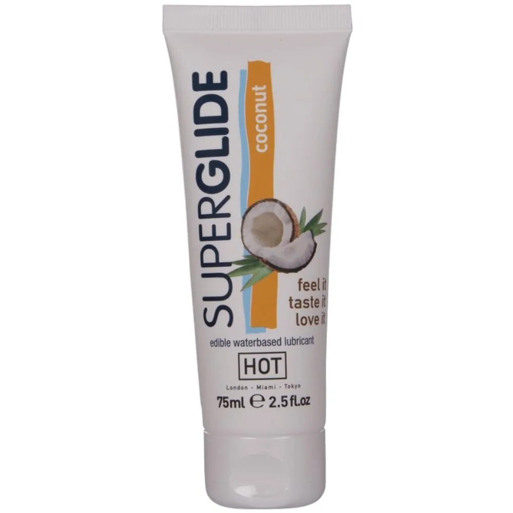 Tube blanc de lubrifiant Superglide à base noix de coco, 75 ml, étiquette avec texte informatif et logo, fond blanc