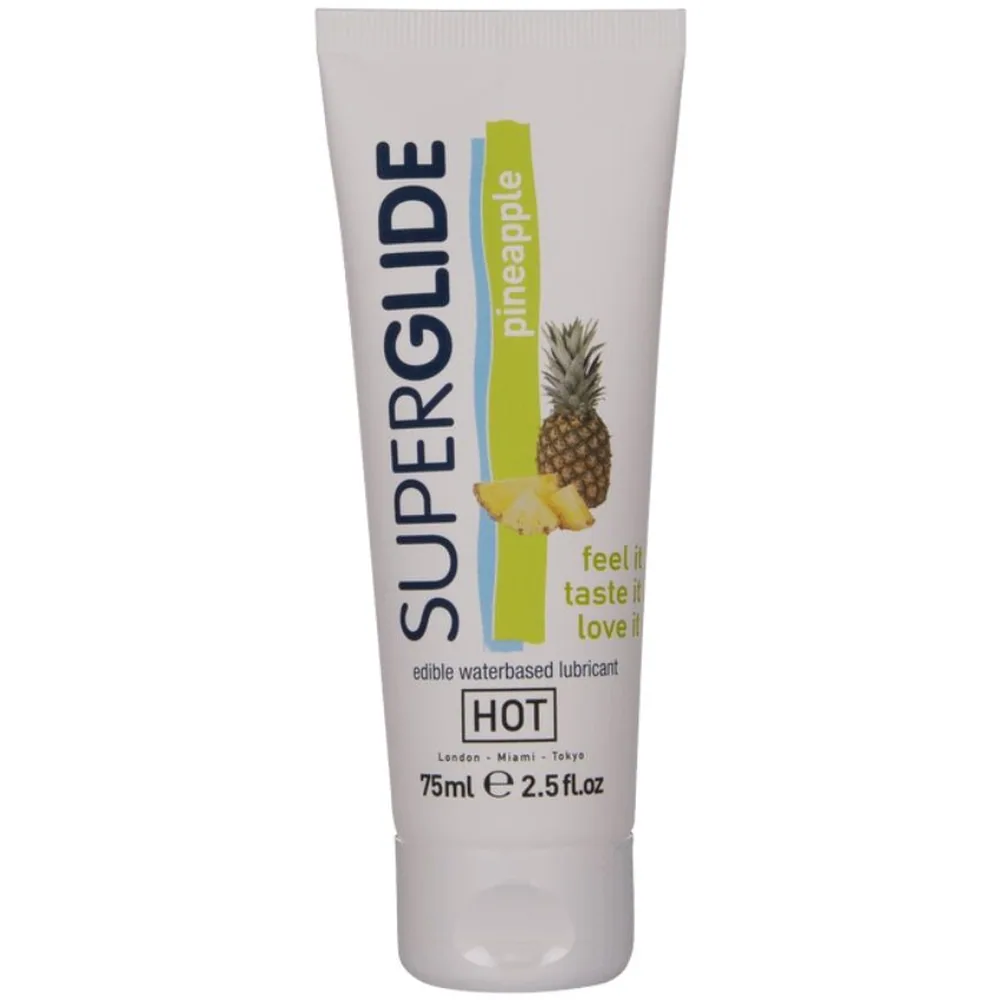 Tube blanc de lubrifiant comestible Superglide 75ml, emballage montrant la liste des ingrédients et les informations de fabrication allemande au dos