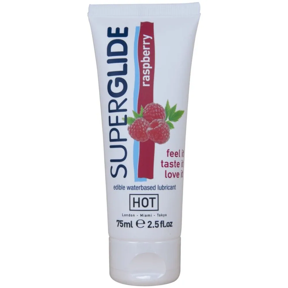 Tube blanc de 75 ml de lubrifiant comestible Superglide à base d'eau, saveur framboise, avec étiquette rouge et framboise illustrée