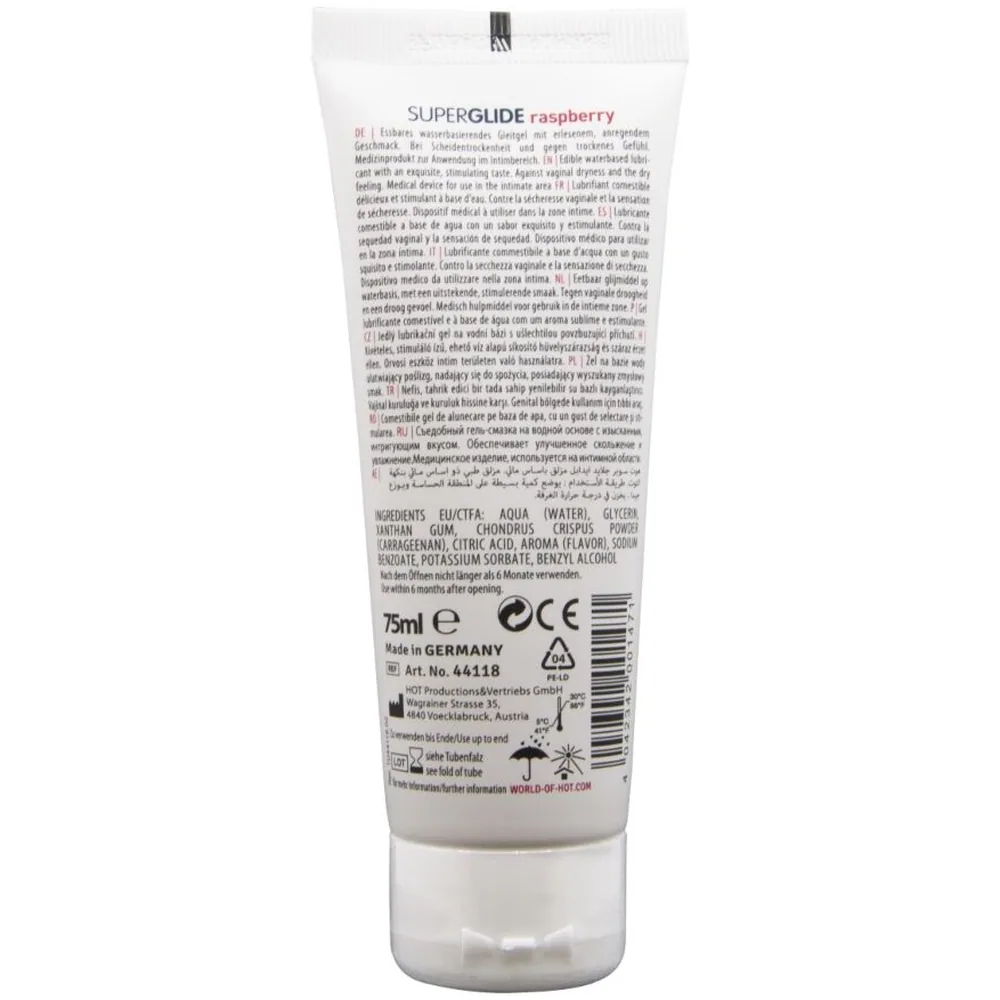 Tube blanc de 75 ml de lubrifiant comestible Superglide à base d'eau, saveur framboise, avec étiquette rouge et framboise illustrée