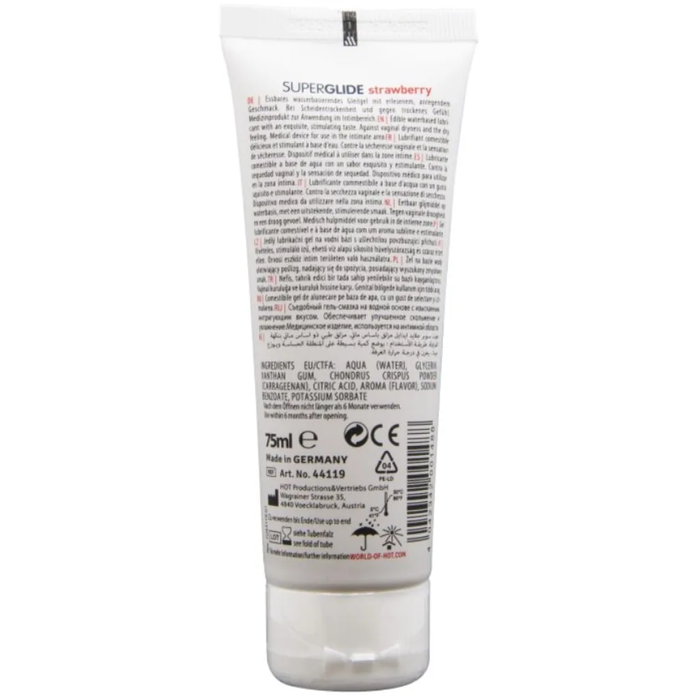 Emballage tube blanc Superglide lubrifiant saveur fraise, 75ml, présenté de dos avec étiquette, informations produit et code-barres visibles