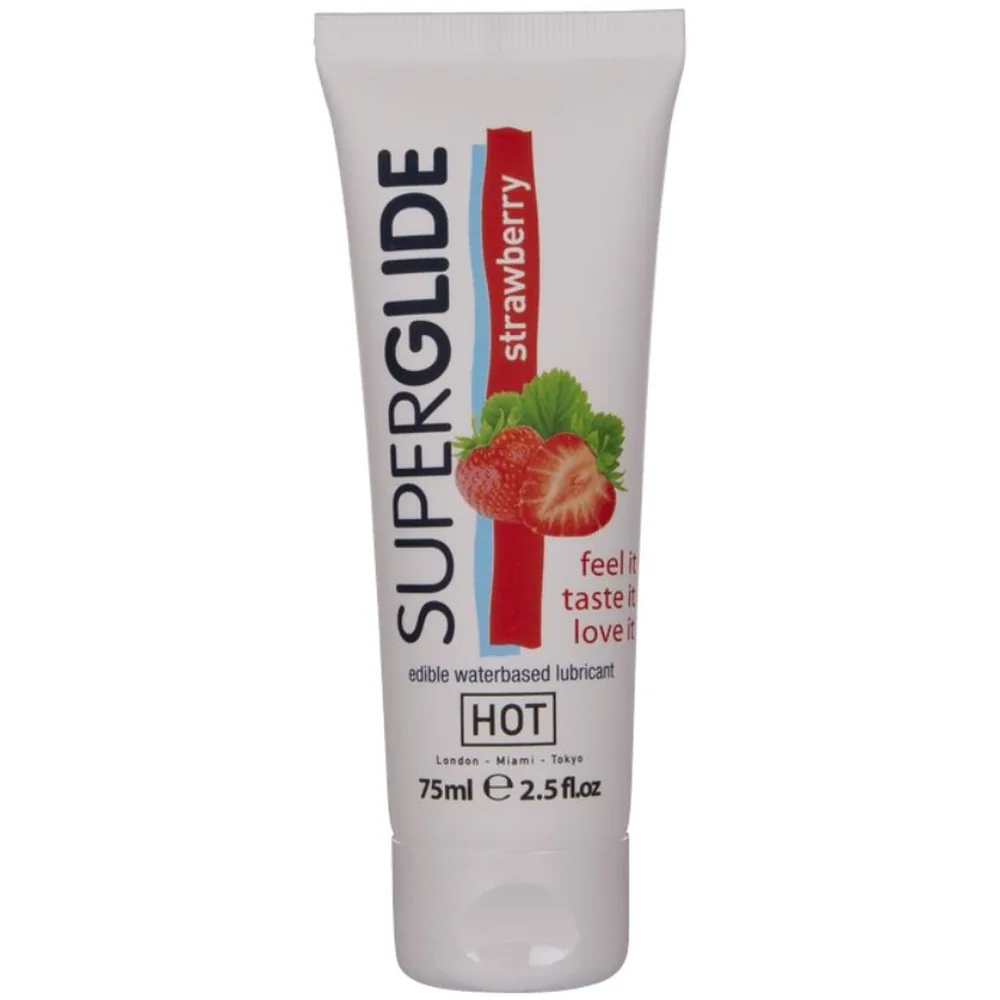 Emballage tube blanc Superglide lubrifiant saveur fraise, 75ml, présenté de dos avec étiquette, informations produit et code-barres visibles