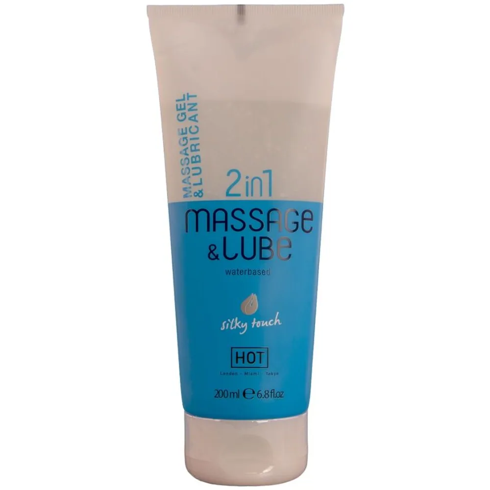Tube de gel de massage et de glisse 2 en 1 à texture soyeuse, 300 ml, emballage beige et bleu avec inscriptions allemandes