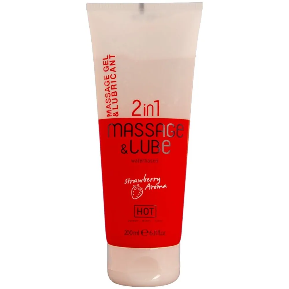 Tube de gel 2 en 1 massage et lubrifiant, coloris blanc et rouge vif, arôme fraise, marque HOT, 200 ml