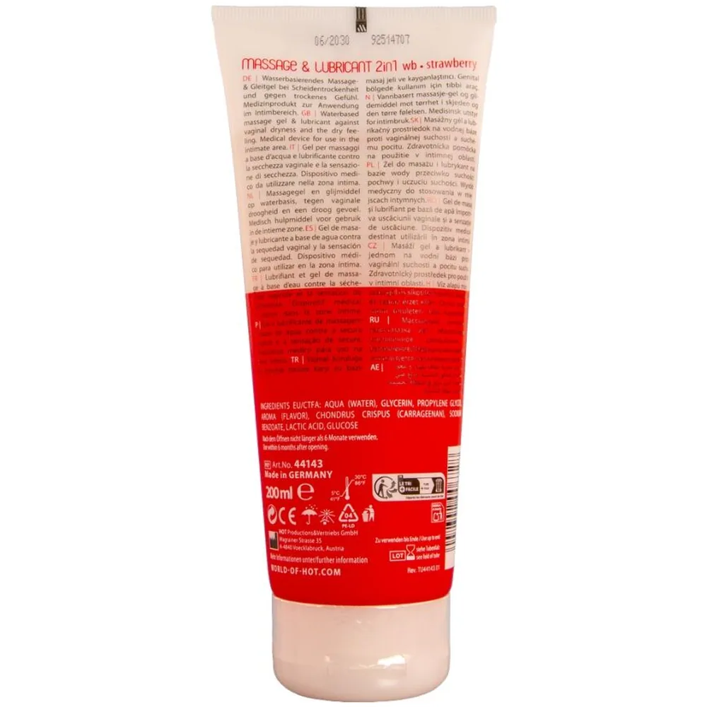 Tube de gel 2 en 1 massage et lubrifiant, coloris blanc et rouge vif, arôme fraise, marque HOT, 200 ml