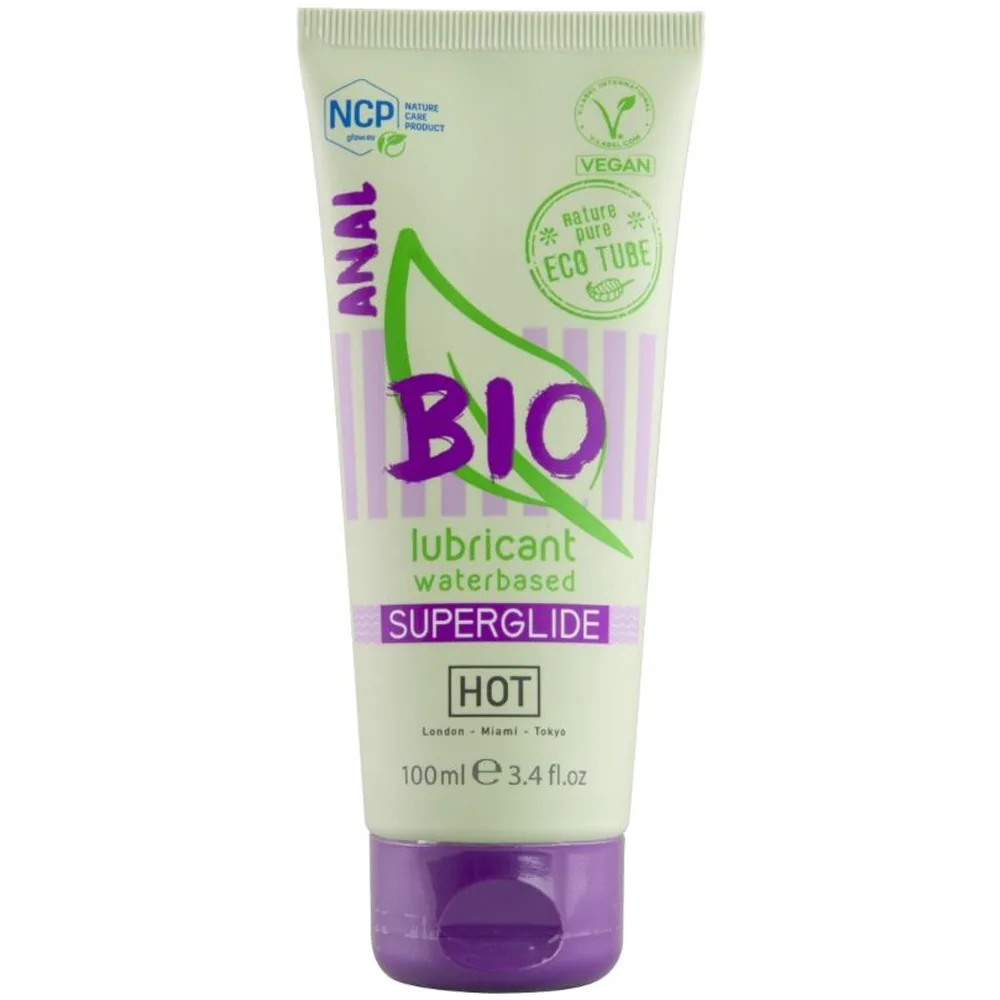 Tube de lubrifiant bio à base d'eau avec bouchon violet, étiquette verte et texte informatif, vue du dos du packaging