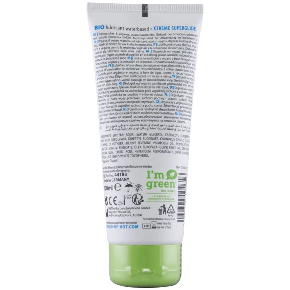 Tube de lubrifiant bio à base d'eau Xtreme Superglide de 100 ml, blanc et vert, avec étiquette détaillant les ingrédients biologiques et certifications