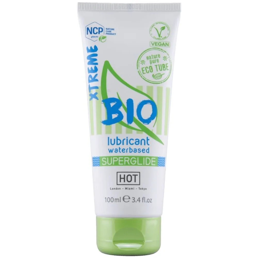 Tube de lubrifiant bio à base d'eau Xtreme Superglide de 100 ml, blanc et vert, avec étiquette détaillant les ingrédients biologiques et certifications