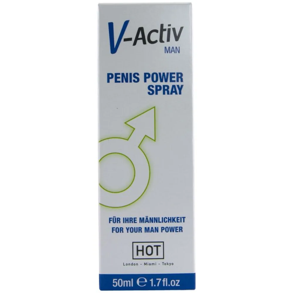 Flacon blanc de spray V-Activ 50ml avec bouchon pulvérisateur transparent, étiquette bleue et blanche, marque HOT visible