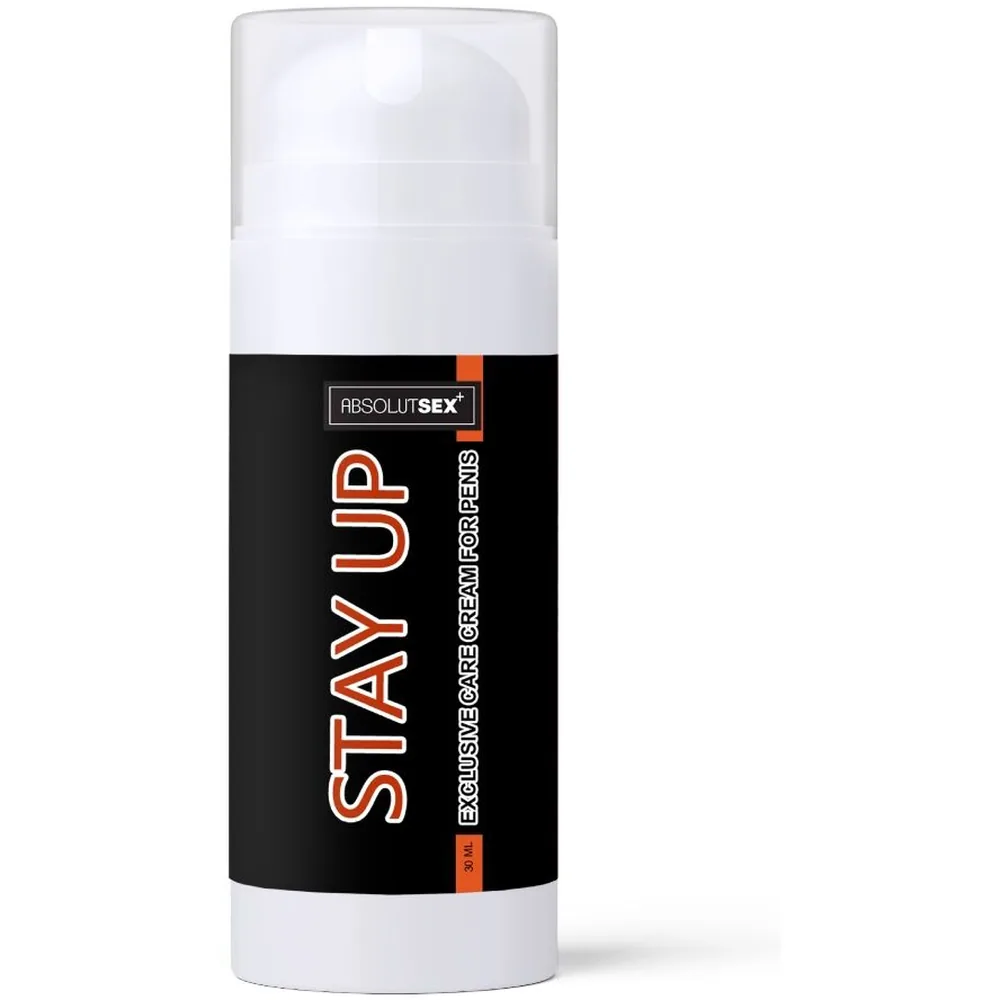 Boîte de crème retardante Stay Up de la marque Absolut Sex, emballage cartonné avec bande orange et noire, montrant un texte blanc et des images de texture en arrière-plan